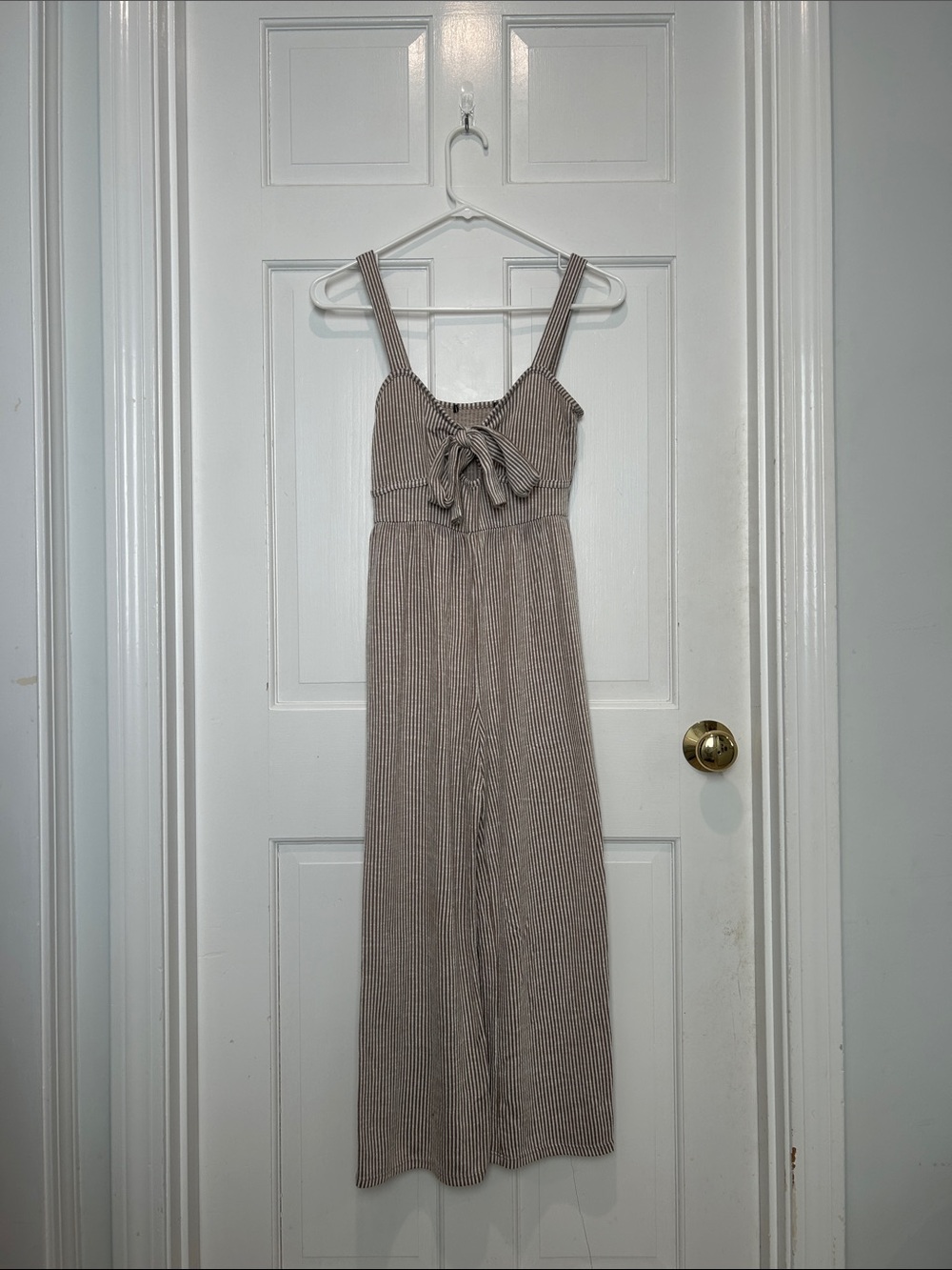 Women’s Striped Tie-Front Jumpsuit — Taupe/White